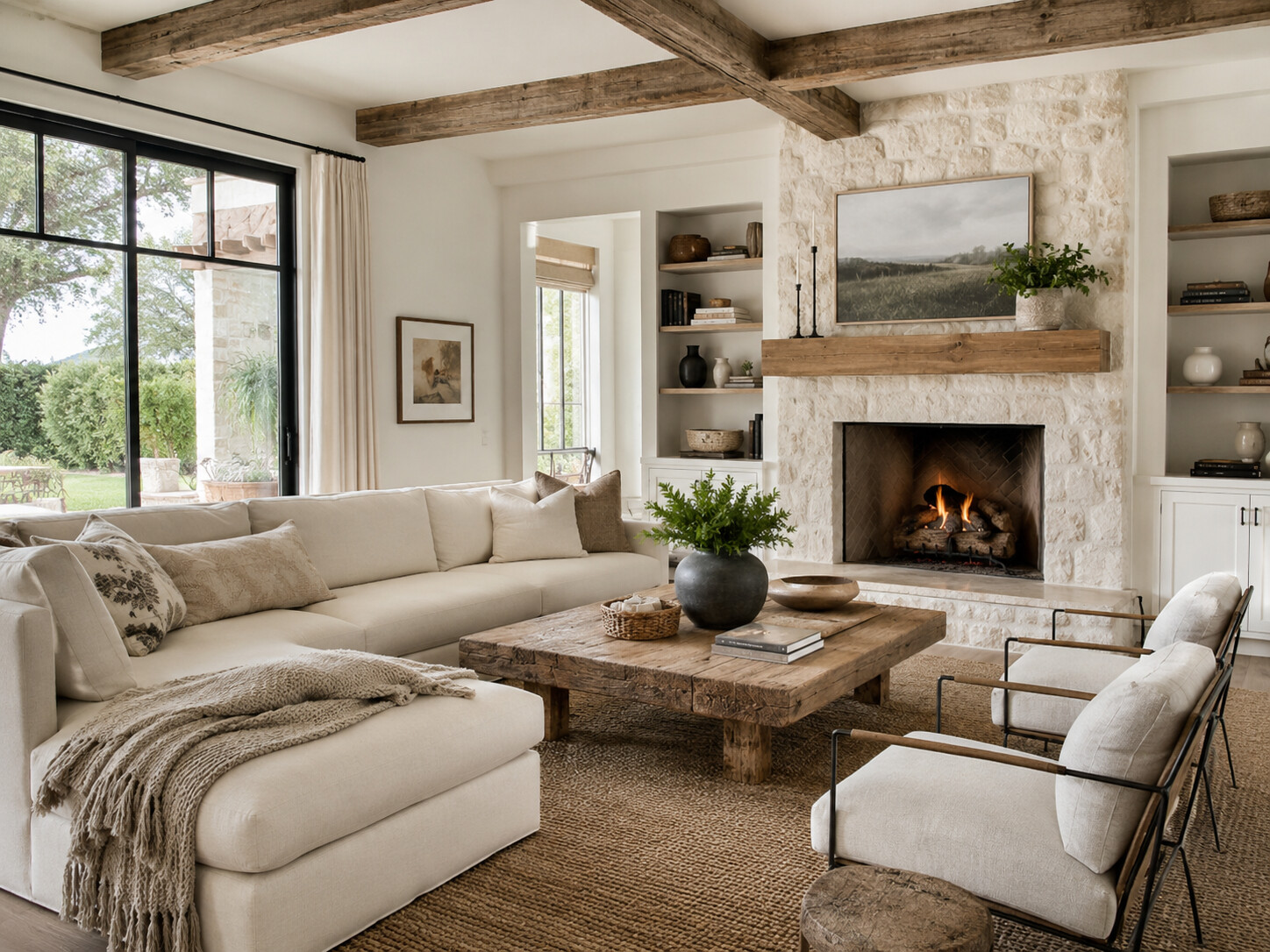 Phòng khách Farmhouse với sofa góc, lò sưởi đá và dầm gỗ trần