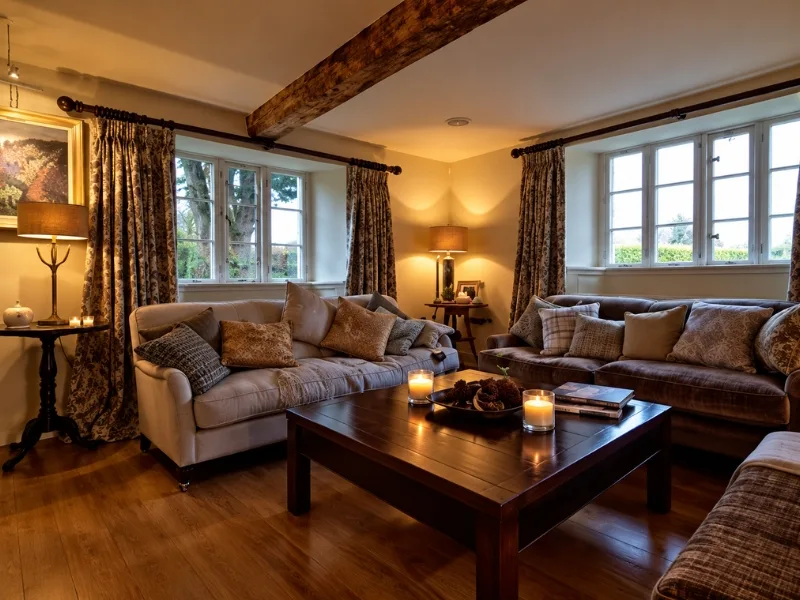 Phòng khách phong cách Farmhouse bố trí sofa nâu bên cửa khung gỗ với đèn bàn ánh ấm.