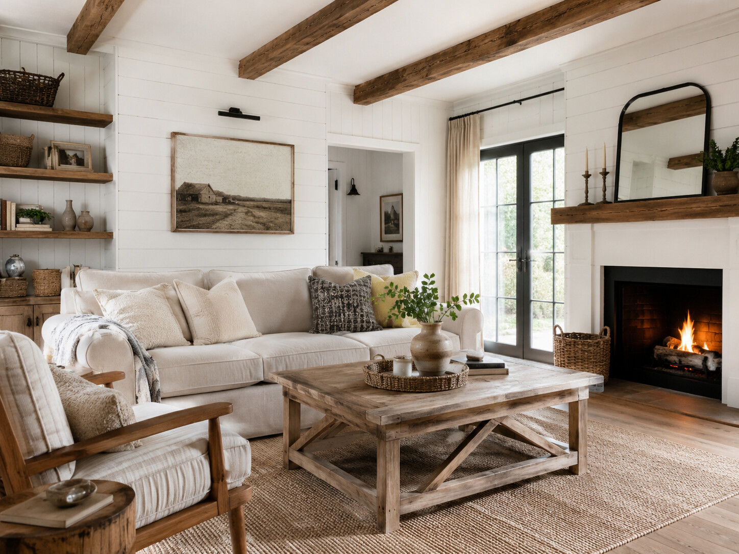 Phòng khách phong cách Farmhouse với sofa trắng, lò sưởi và gương lớn