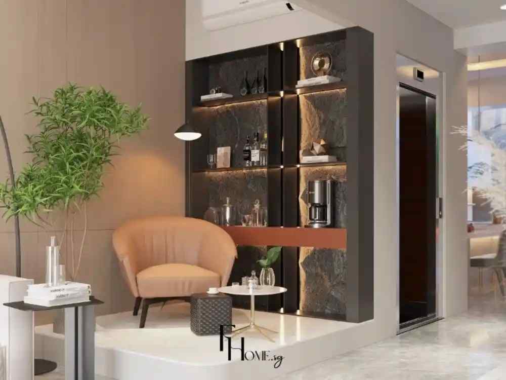 Phòng khách hiện đại với ghế cam, kệ đá tối màu có đèn led và cây xanh trang trí.