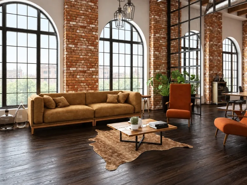Phòng khách phong cách công nghiệp đặt sofa da nâu trước tường gạch và cửa sổ vòm khung thép.