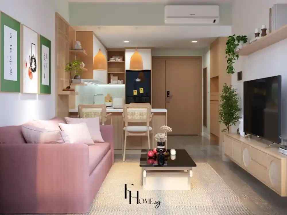 Phòng khách Japandi hiện đại với sofa hồng nhạt, nội thất gỗ tự nhiên và đèn mây tre đan tinh tế