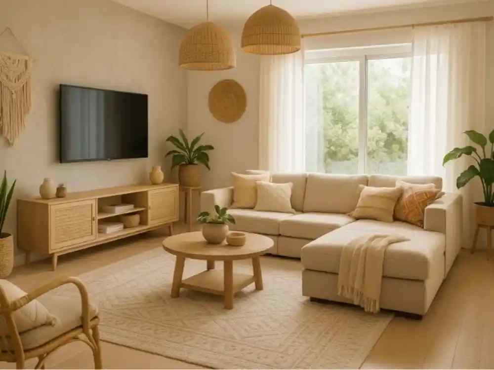 Phòng khách Japandi tông be sáng, sofa chữ L vải nỉ, bàn trà gỗ tròn và kệ TV mây tre