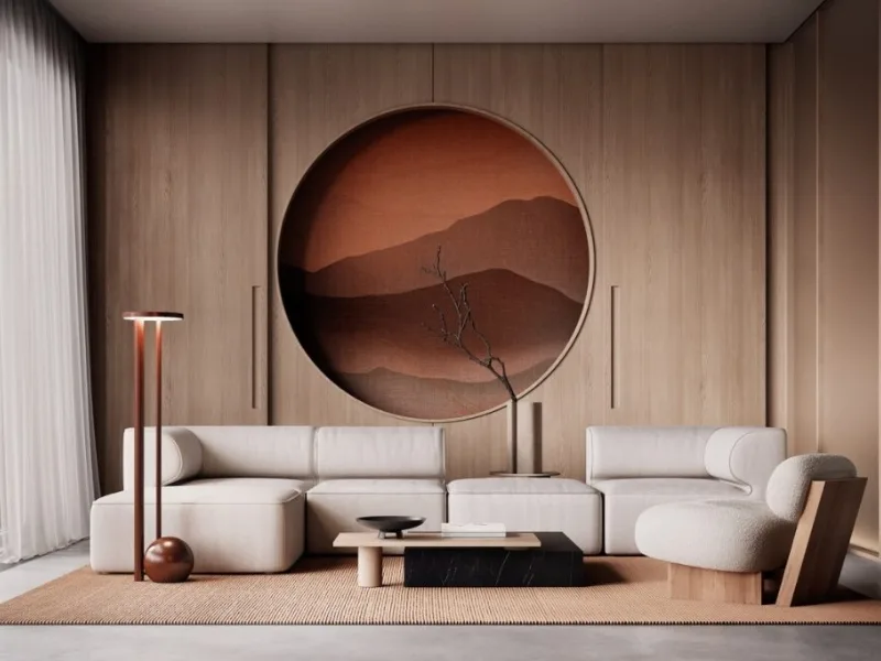 Phòng khách phong cách Japandi đặt sofa sáng màu dưới bức tranh tròn tông đất nung trên vách gỗ.