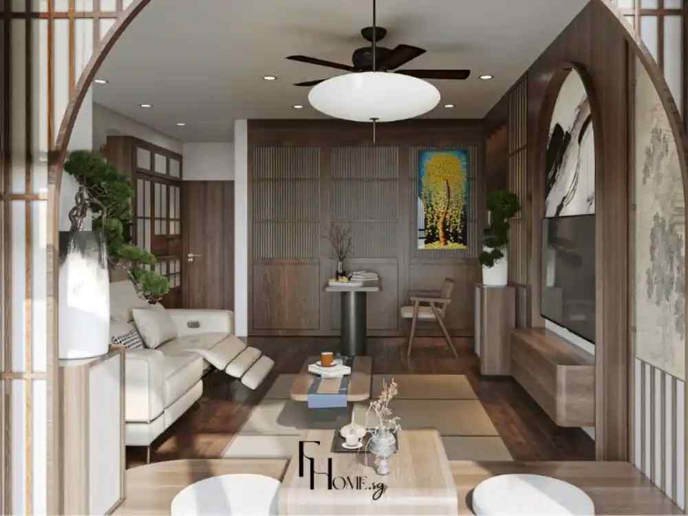 Phòng khách lấy cảm hứng Nhật Bản với tông gỗ tối, vách nan, bàn trà thấp và sofa sáng màu