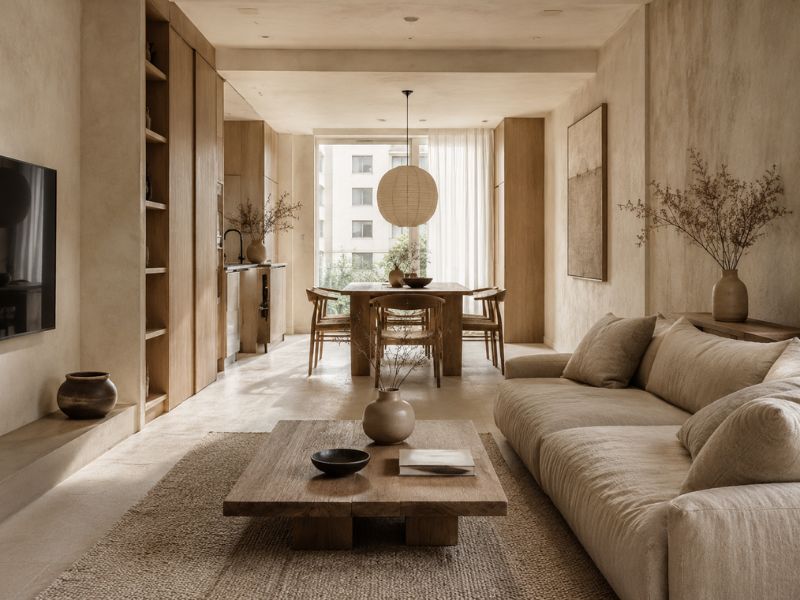 Phòng khách liền bàn ăn phong cách Wabi Sabi tông đất với tường trát thô, bàn trà gỗ dày và đèn lồng giấy