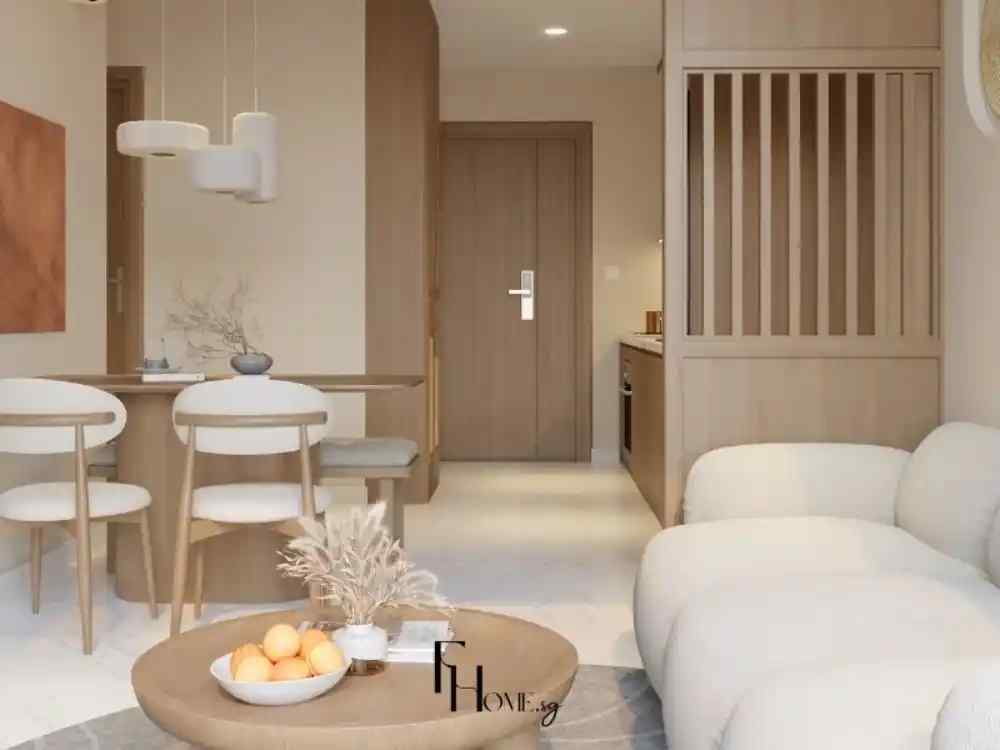 Phòng khách liền bếp nhỏ gọn, bàn ăn gỗ, ghế nệm vải bố trắng, đèn treo tròn kiểu Bắc Âu