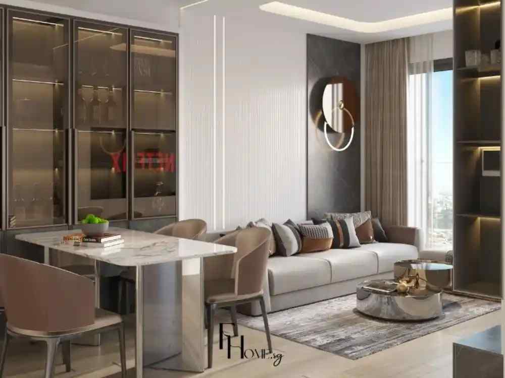 Phòng khách liền bếp phong cách hiện đại, không gian mở, bàn trà kim loại, kệ tủ trưng bày rượu