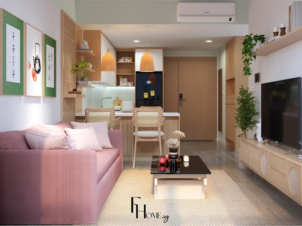 Phòng khách liền bếp phong cách Nhật Bản với sofa hồng nổi bật, bàn trà tối màu và vách ngăn