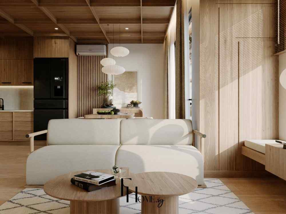 Phòng khách liền bếp phong cách Nhật Bản với sofa sáng màu, bàn trà tròn gỗ, trần lam gỗ