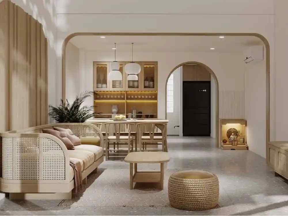 Phòng khách liền bếp phong cách Wabi Sabi, nội thất gỗ sồi sáng kết hợp mây tre và ánh sáng tự nhiên