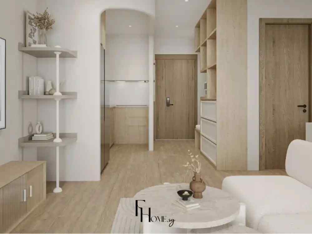 Phòng khách liền bếp phong cách Wabi Sabi với gam màu be và gỗ sáng, nội thất tối giản gồm sofa vải trắng