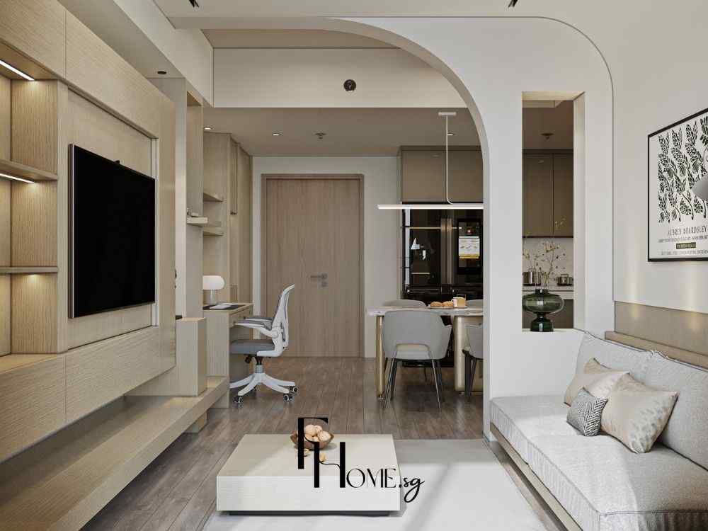 Phòng khách liền bếp với vòm cong mềm mại, sofa băng dài, bàn ăn nhỏ