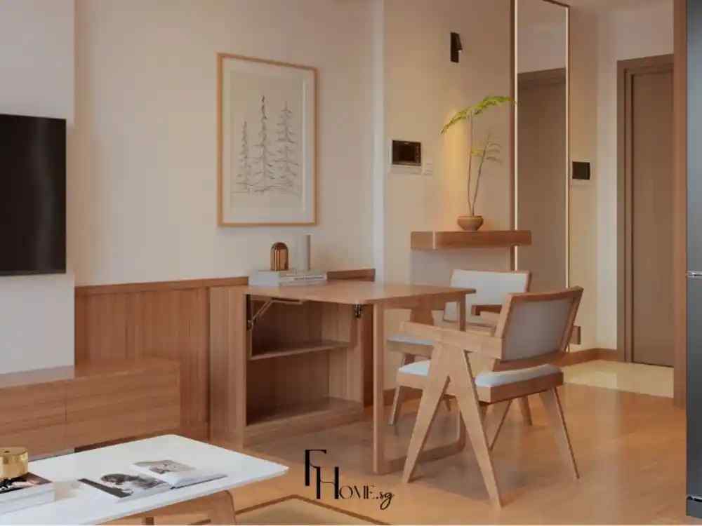 Phòng khách liền góc làm việc phong cách Japandi, kết hợp nội thất gỗ sáng, ghế tựa đệm vải, tranh trang trí