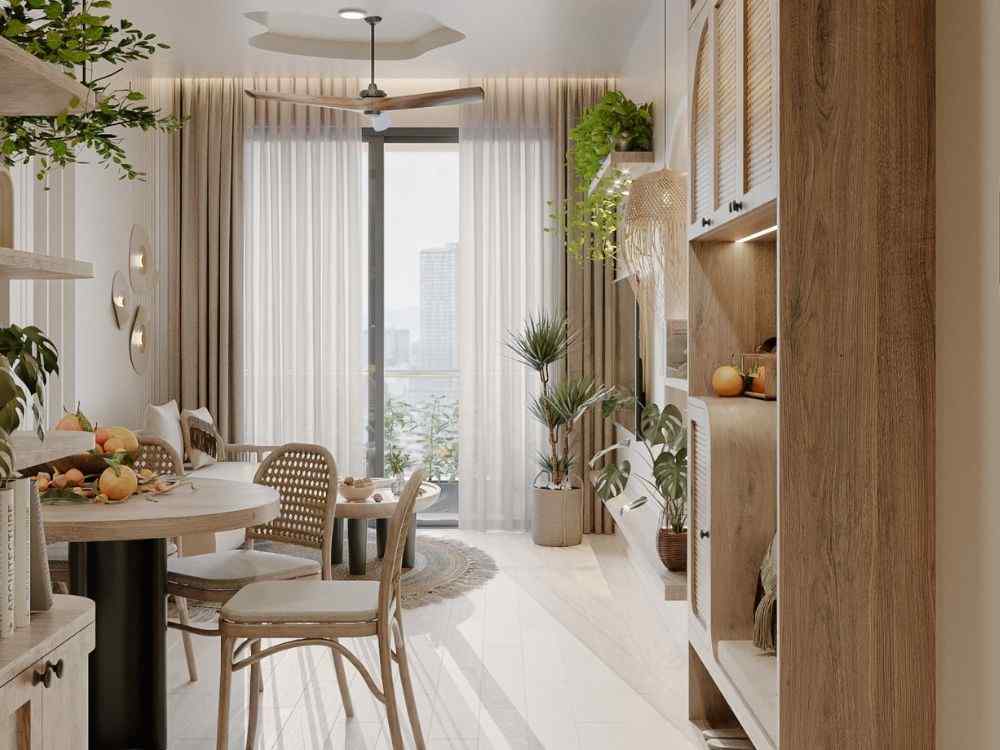 Phòng khách liên thông bàn ăn, nhiều cây xanh, rèm sáng, kệ trang trí gỗ
