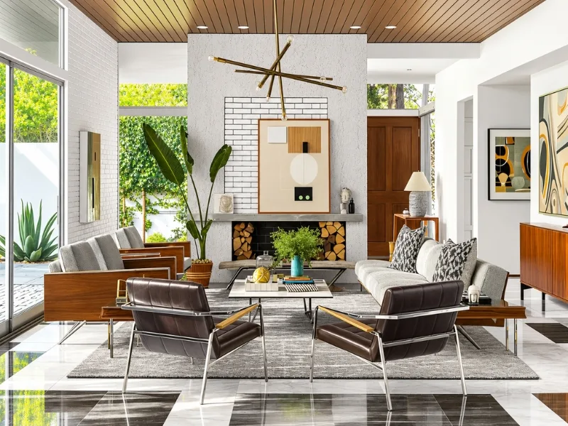 Phòng khách phong cách Mid-Century Modern có ghế khung gỗ dáng thấp trong không gian mở treo tranh hiện đại.