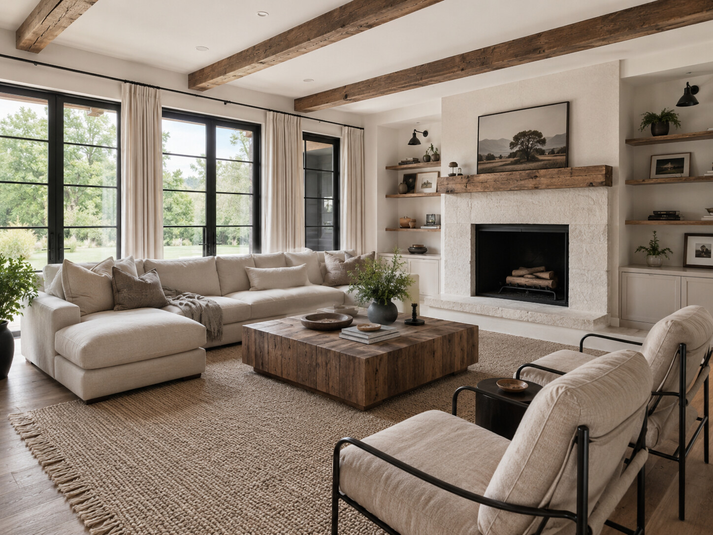 Phòng khách Modern Farmhouse với sofa góc và lò sưởi
