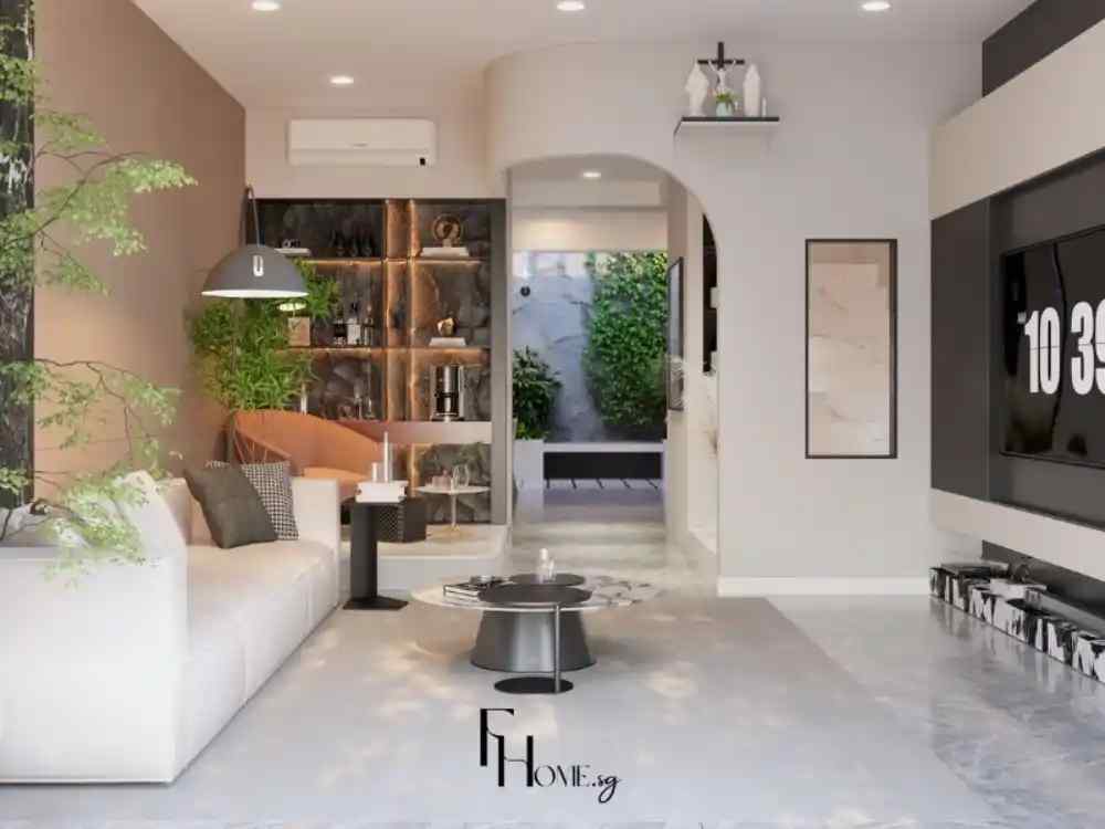 Phòng khách nhà phố gam trung tính, sofa trắng và điểm nhấn mảng tường đá tối kết hợp ánh sáng tự nhiên tinh tế