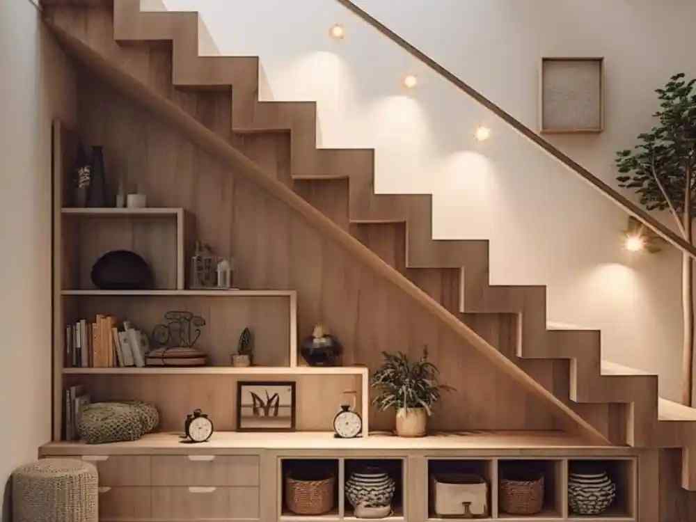 Phòng khách nhà phố hiện đại với cầu thang gỗ xương cá, gầm cầu thang tận dụng làm kệ trang trí ánh sáng ấm áp