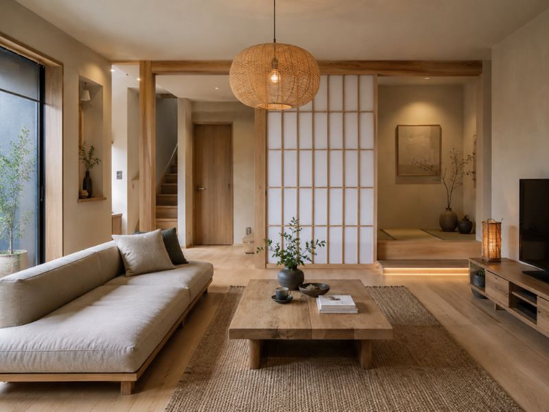 phòng khách nhà phố phong cách Nhật Bản sofa thấp cửa trượt Shoji góc thiền