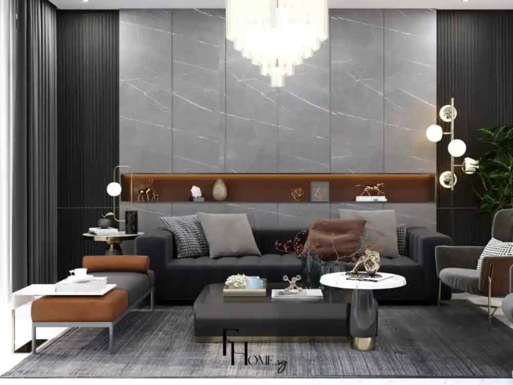 Phòng khách nhà phố phong cách hiện đại, nổi bật với tường ốp đá xám vân trắng, sofa nhung đen, đèn chùm pha lê