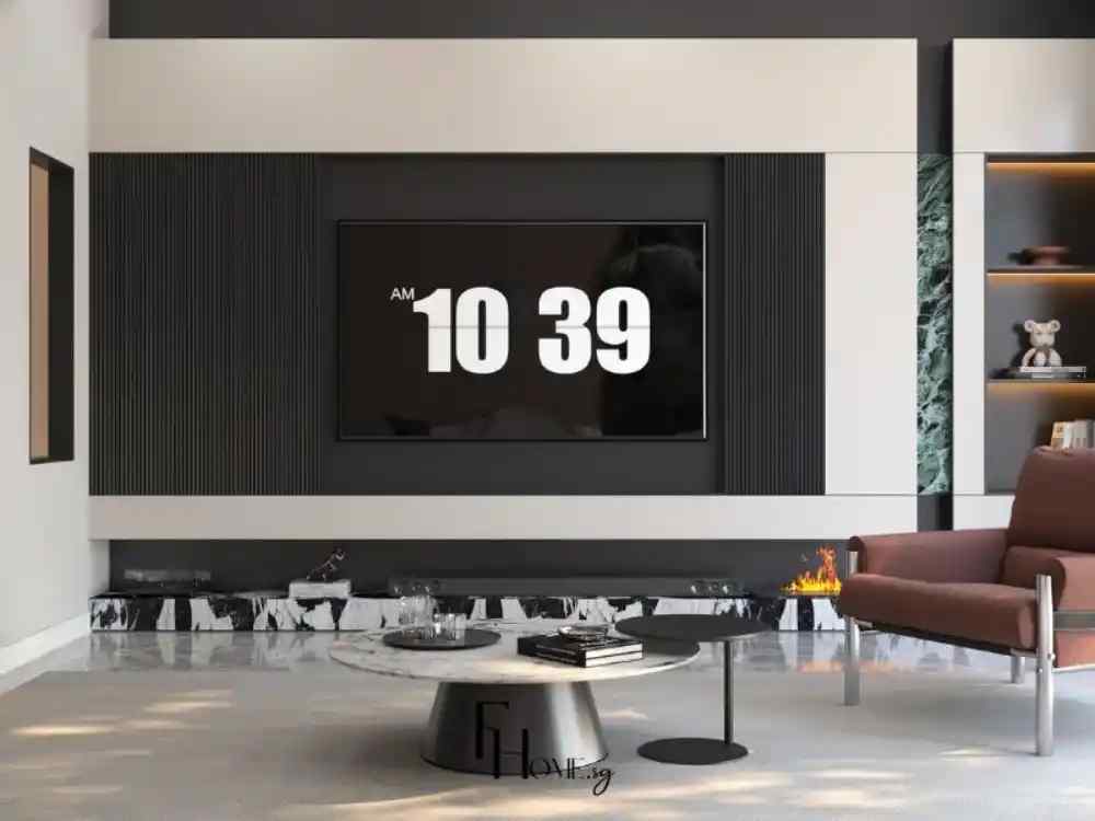 Phòng khách nhà phố phong cách hiện đại, tông trắng – đen chủ đạo, nhấn điểm bằng đá marble và ghế da nâu