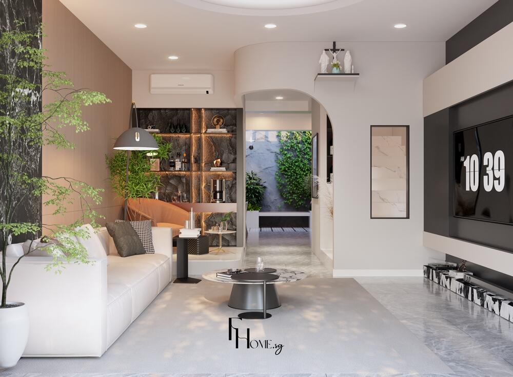 Phòng khách nhà phố quận 9 65m2 phong cách hiện đại view 3
