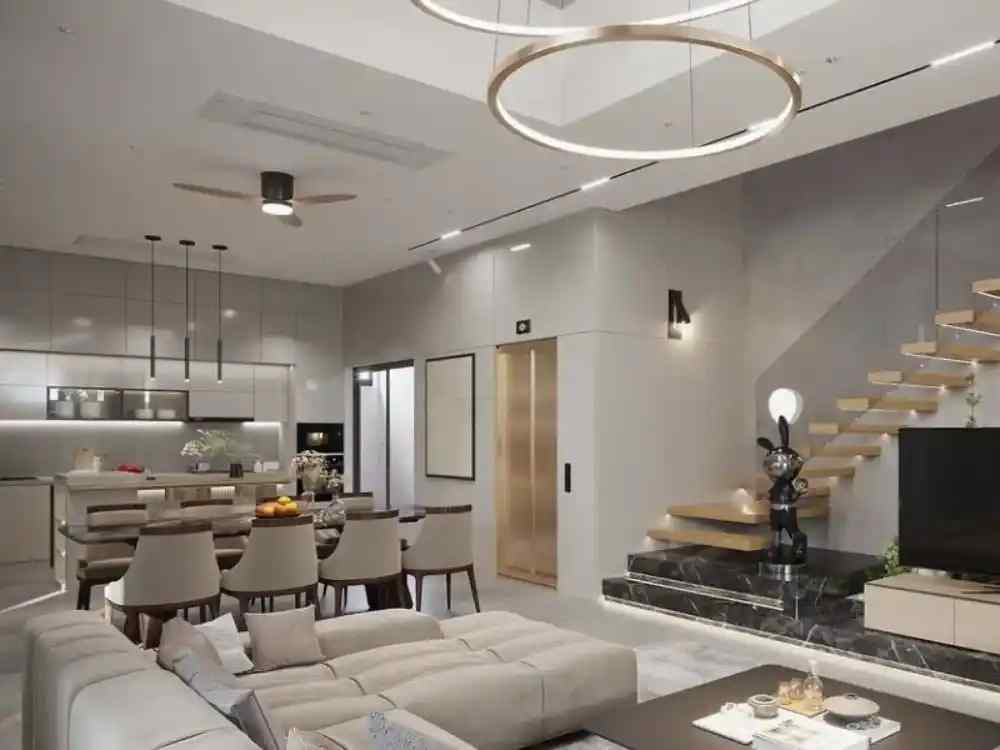 Phòng khách nhà phố sang trọng, liền bếp mở với cầu thang nổi và ánh sáng trần hiện đại