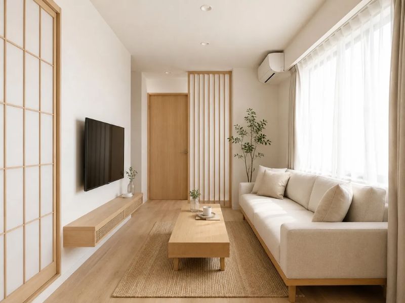 phòng khách nhỏ Nhật Bản dưới 20m2 sofa be khung gỗ bàn trà gỗ thấp kệ tivi gỗ nổi vách lam gỗ cửa trượt gỗ cây xanh cao rèm trắng