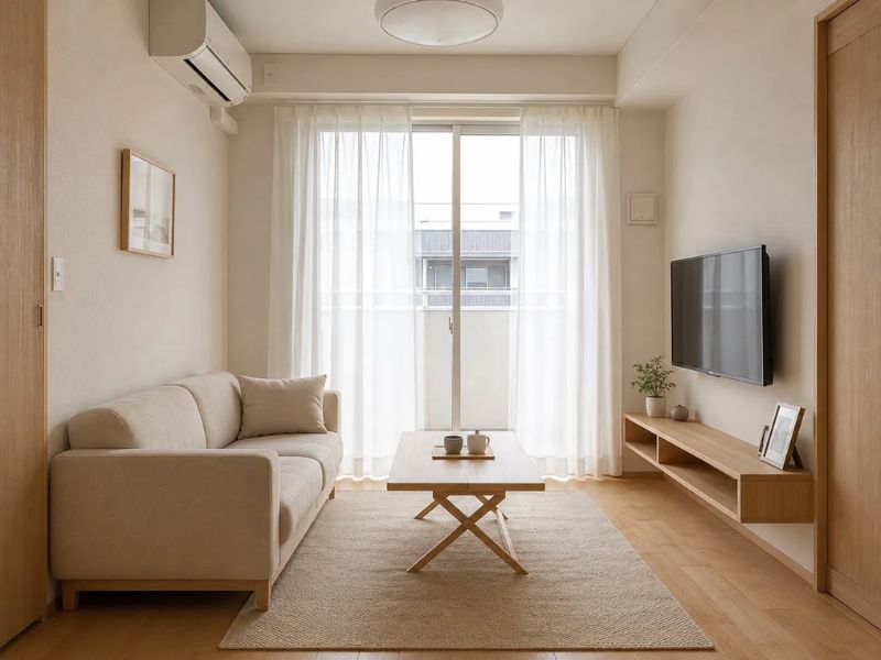 phòng khách nhỏ Nhật Bản dưới 20m2 sofa be nhỏ bàn trà gỗ gập kệ tivi gỗ nổi tường rèm trắng mỏng cửa sổ lớn ánh sáng tự nhiên