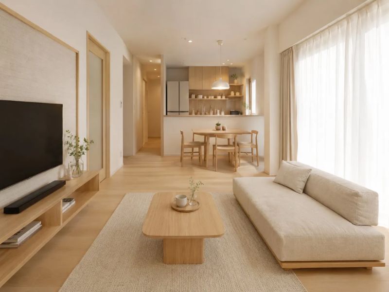 phòng khách nhỏ Nhật Bản liên thông bếp sofa thấp be bàn trà gỗ sồi sáng kệ tivi gỗ thấp rèm trắng mỏng ánh sáng tự nhiên