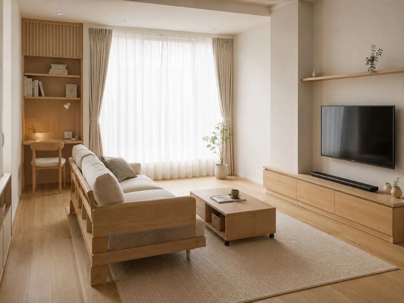 phòng khách nhỏ Nhật Bản sofa gỗ vải be bàn trà gỗ có bánh xe kệ tivi gỗ sồi kệ sách gỗ góc học tập rèm trắng cây xanh