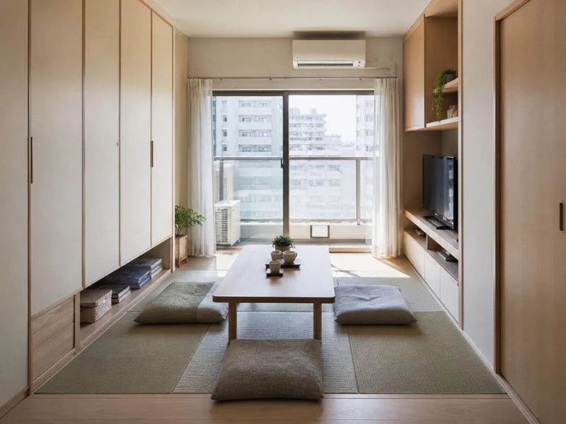 phòng khách nhỏ phong cách Nhật Bản chiếu Tatami tủ âm tường bàn trà thấp