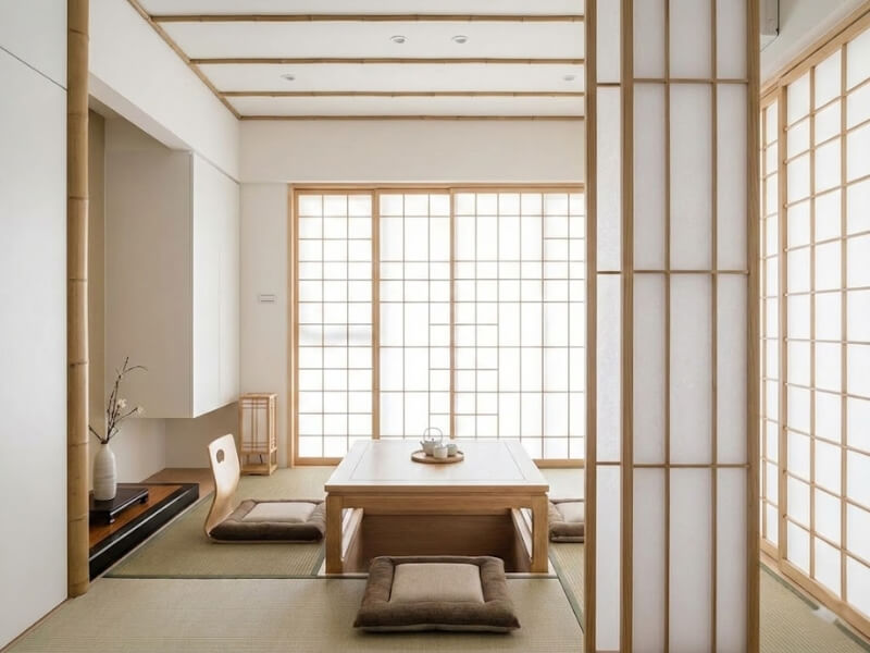 Phòng khách nội thất chung cư 75m2 phong cách Nhật Bản