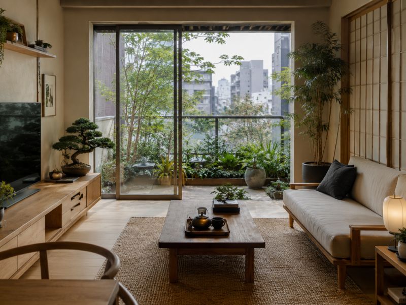 phòng khách nội thất phong cách Nhật Bản không gian xanh bonsai cửa trượt hướng ra ban công