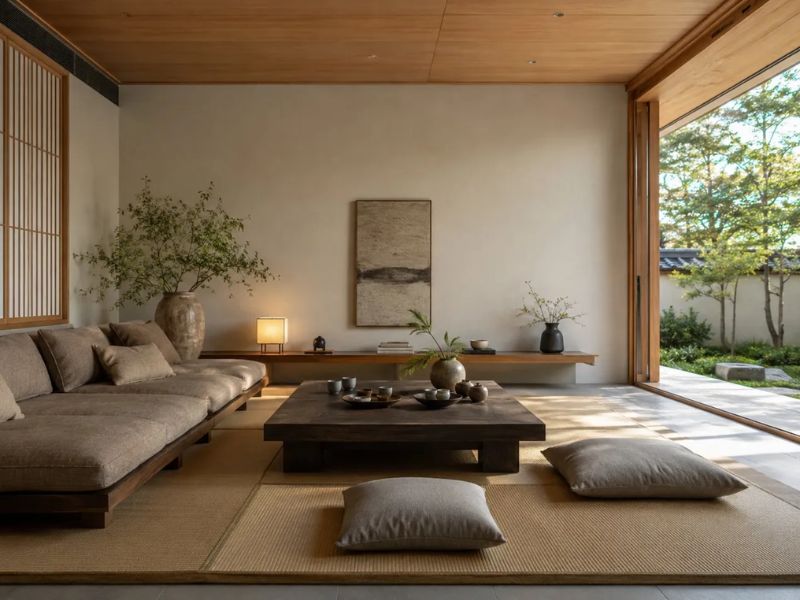 phòng khách phong cách Nhật Bản bộ bàn ghế thấp sofa thấp vải xám bàn trà gỗ tối thấp đệm ngồi xám sàn Tatami vách lam gỗ cây xanh sân vườn trần gỗ