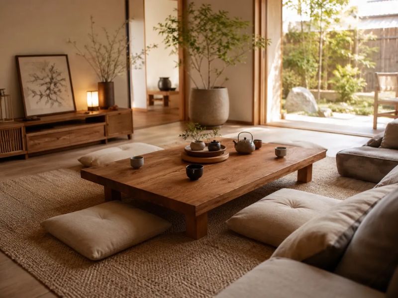phòng khách phong cách Nhật Bản bàn trà gỗ thấp vân gỗ tự nhiên đệm ngồi be thảm cói cây xanh ánh sáng ấm