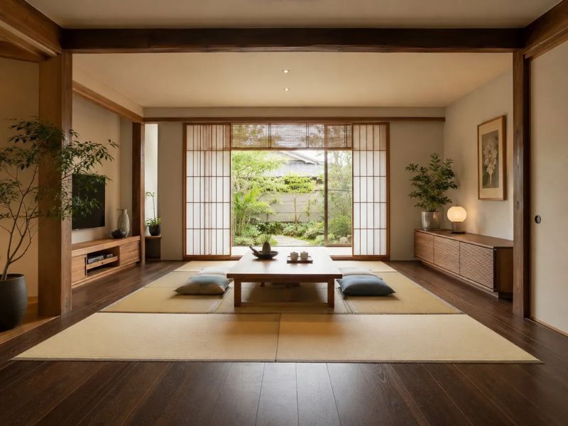 Phòng khách phong cách Nhật Bản chiếu Tatami trải ô vuông trung tâm sàn gỗ tối bao quanh bàn trà thấp đệm ngồi cửa sổ sân vườn