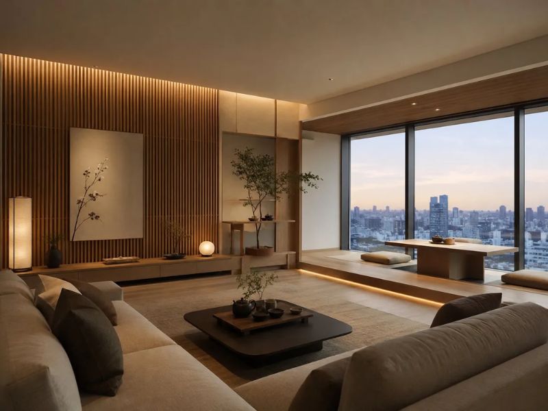 phòng khách phong cách Nhật Bản đèn LED ấm sofa thấp góc thiền nhìn ra thành phố