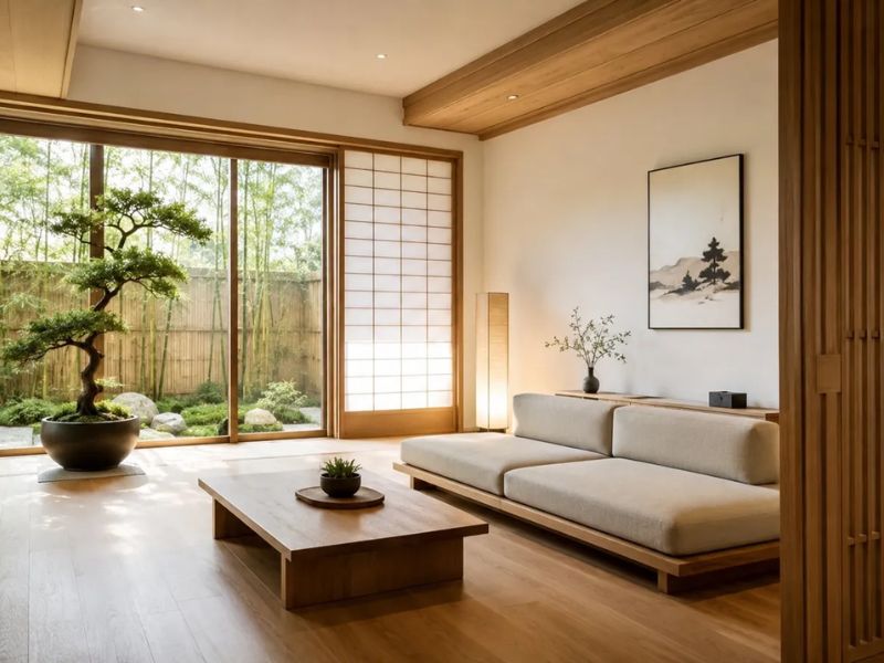 phòng khách phong cách Nhật Bản không gian mở cửa sổ lớn ánh sáng tự nhiên bonsai sân vườn sofa thấp bàn trà gỗ cửa trượt Shoji
