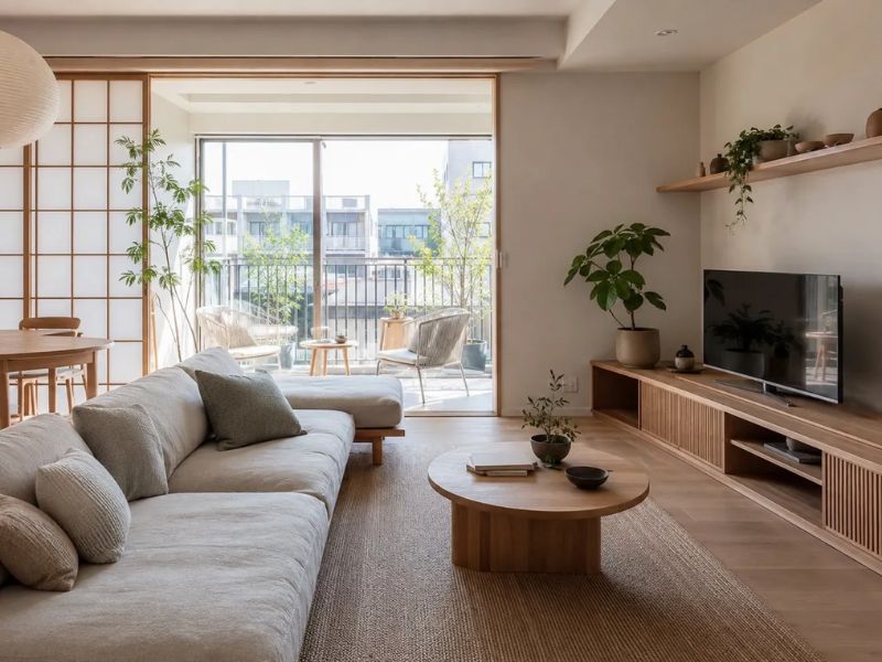 phòng khách phong cách Nhật Bản sofa linen trắng bàn trà tròn gỗ cây xanh