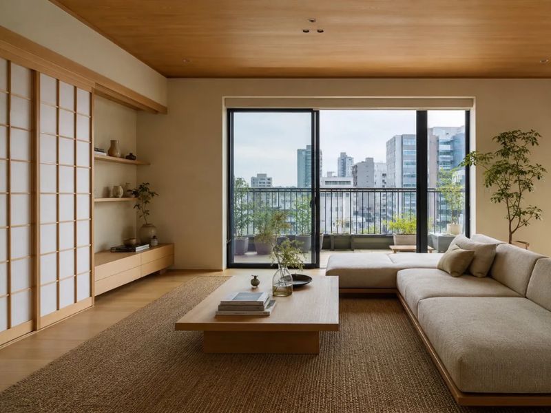 phòng khách phong cách Nhật Bản sofa thấp bàn trà gỗ cửa trượt Shoji ban công xanh