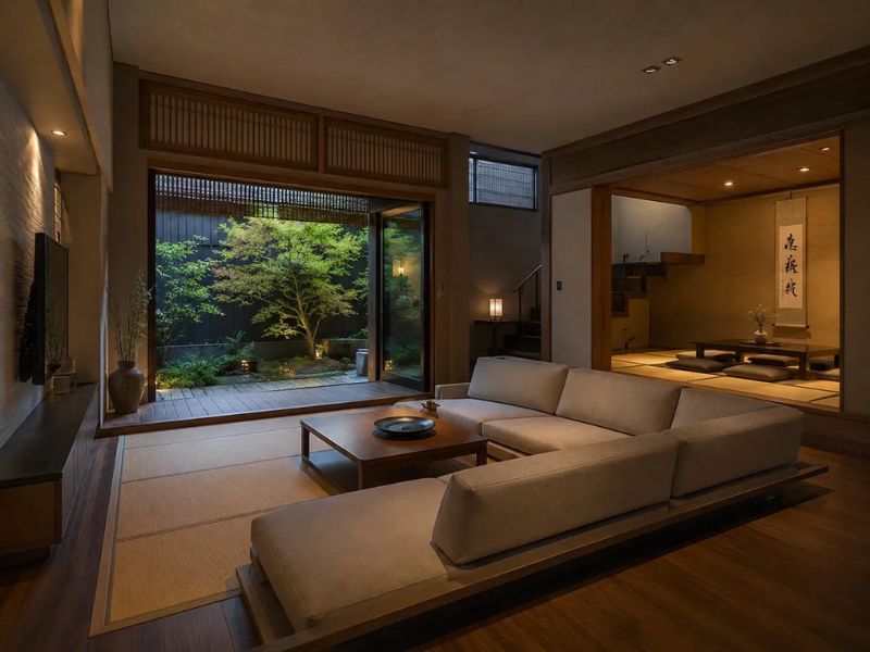 phòng khách phong cách Nhật Bản sofa thấp chiếu Tatami sân vườn đêm phòng trà
