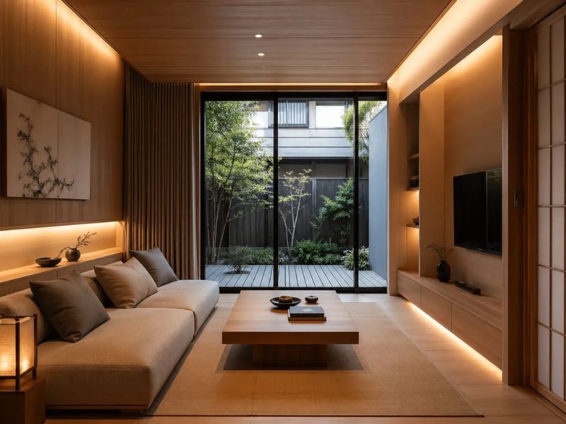 phòng khách phong cách Nhật Bản tối ưu ánh sáng vàng ấm trần gỗ hướng sân vườn