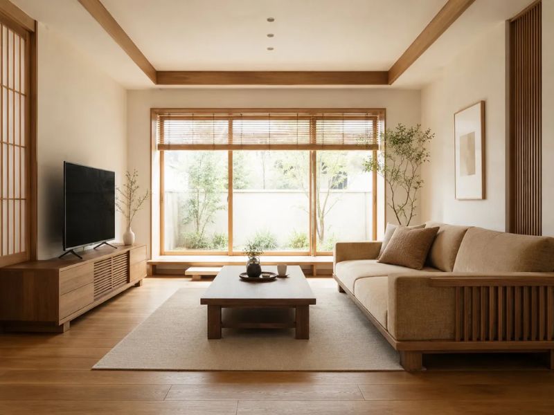 Nội thất phòng khách phong cách Nhật Bản tông nâu gỗ ấm với kệ tivi gỗ sồi thấp và bàn trà gỗ tối
