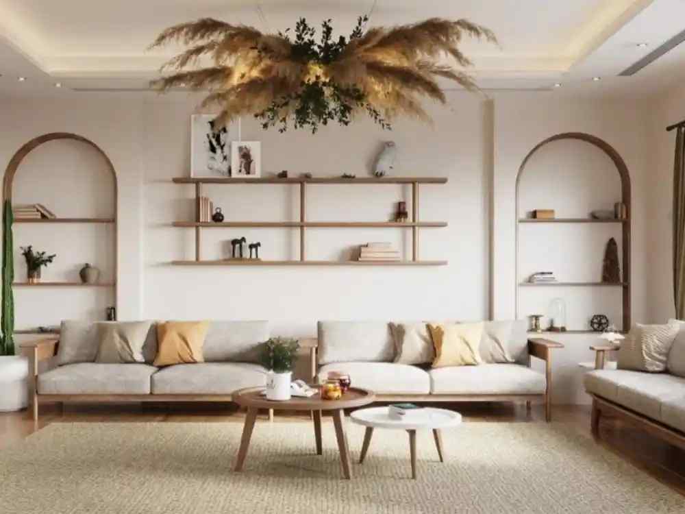 Phòng khách phong cách Bắc Âu với gam be ấm, sofa vải lanh, bàn tròn gỗ tự nhiên và đèn trần cỏ lau treo giữa trần