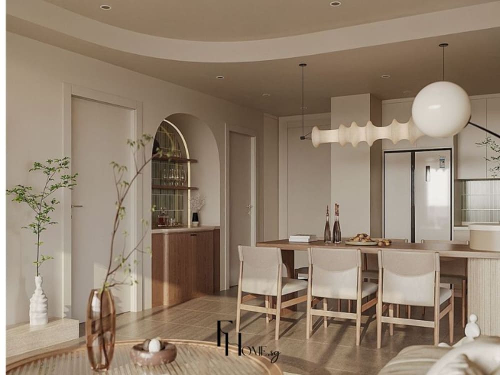 Phòng khách phong cách Địa Trung Hải với thiết kế vòm cong mềm mại, tông màu be và nâu gỗ ấm áp liền kề phòng khách