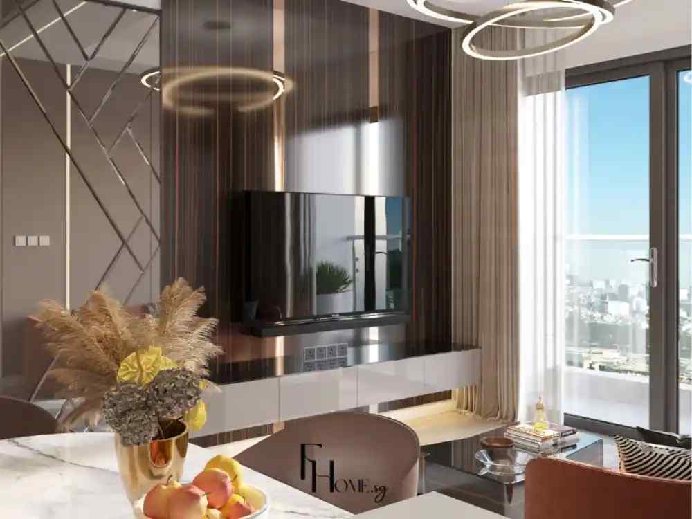 Phòng khách phong cách hiện đại với tường ốp vân gỗ bóng, tivi đặt trên kệ trắng, bàn trà kính