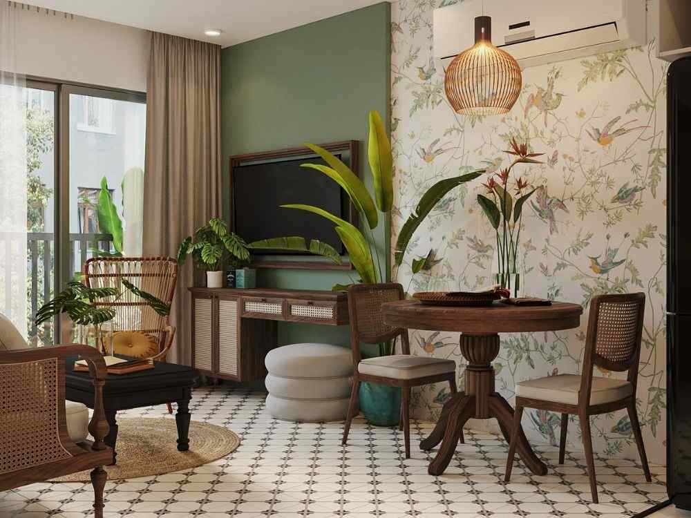 Phòng khách phong cách Indochine với mảng tường xanh, giấy dán họa tiết