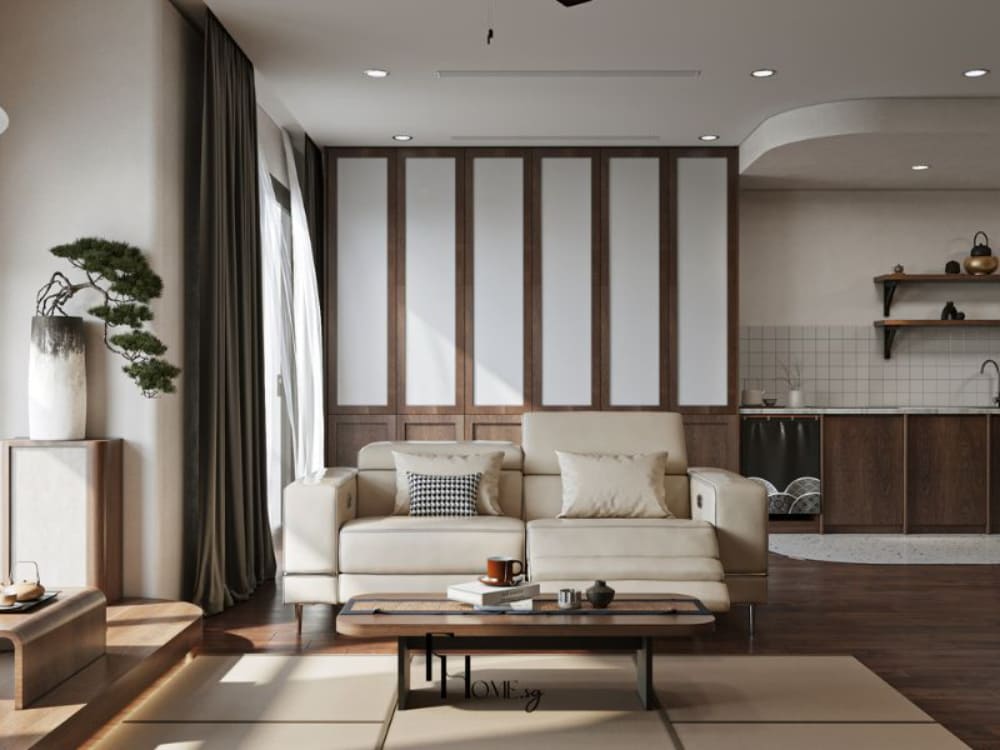 Phòng khách phong cách Japandi với sofa màu be, bàn gỗ thấp và tường gỗ kết hợp kính mờ